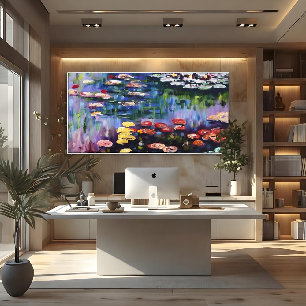 Tablou canvas cu reproducere pictura nuferi pe lac, in rama de aluminiu argintiu, pe perete intr-un birou